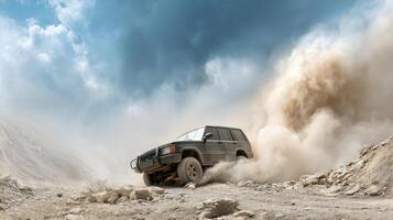 Off road vehicle driving on dirt road with dust photo