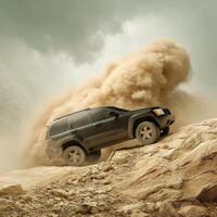 A jeep driving through a dust cloud photo