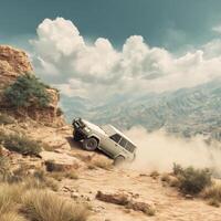 An off road vehicle driving on a rocky hill photo