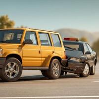 A yellow suv is being towed by a police car photo