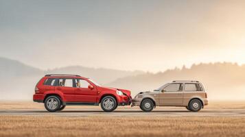 Two cars are parked in a field photo