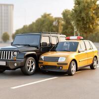 A jeep and a taxi cab are parked on the road photo