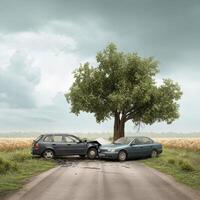 Two cars are parked next to a tree photo