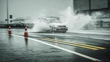 A car driving through a flooded street with water splashing out of the car photo