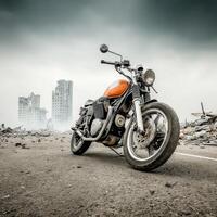 An orange motorcycle parked on a dirt road in front of a destroyed city photo