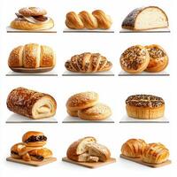 A collection of breads and pastries on white background photo