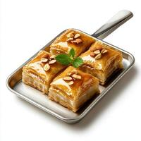A tray with four pieces of baklava on it photo