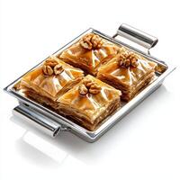 A square tray with four pieces of baklava photo