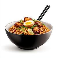 Chinese noodles with egg and meat in a bowl photo