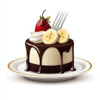A chocolate cake with bananas and strawberries on top photo