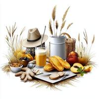 A table with bread, oranges, and other food photo