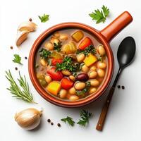 Top view of a bowl of beans and vegetables on a white background photo