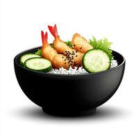 Chicken fried rice bowl with cucumber, shrimp and rice photo