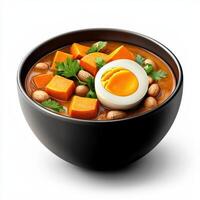 Sweet potato and chickpea curry with egg in a bowl photo