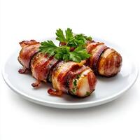Bacon wrapped chicken on a plate photo