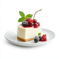 Cheesecake with berries and mint on white plate photo