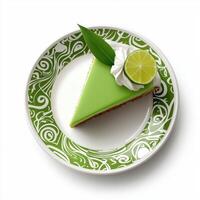A slice of lime cake on a plate with a green leaf photo