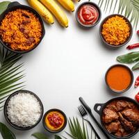 Various dishes of african food on white background photo