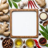 An empty wooden frame surrounded by spices and herbs photo