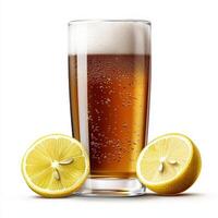 Glass of beer with lemon slices isolated on white background photo