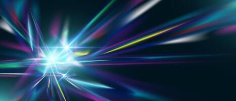 Diamond prism light flare with iridescent glow. Crystal reflection, rainbow rays and neon sparkle on abstract gradient background. Modern magic effect for fantasy or holographic themes. vector