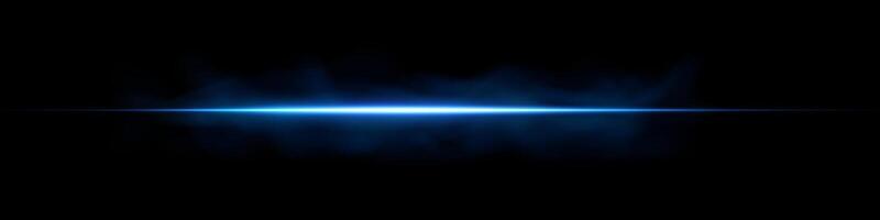 Blue light laser beam with neon glow and flare. Futuristic horizontal streak and fog on dark background. Abstract electric sparkle speed energy digital effect. Modern tech design. vector