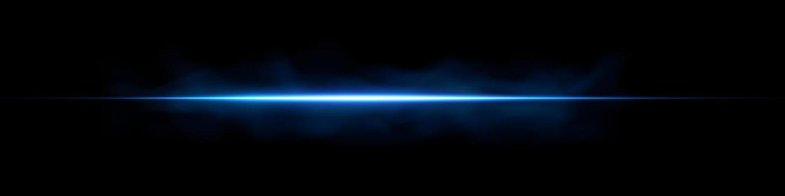 Blue light laser beam with neon glow and flare. Futuristic horizontal streak and fog on dark background. Abstract electric sparkle speed energy digital effect. Modern tech design.