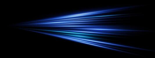Blue light speed streaks with perspective dynamic motion trail on dark background. Neon laser beams and bright flares. Fast futuristic highway effect. abstract glowing velocity energy design vector