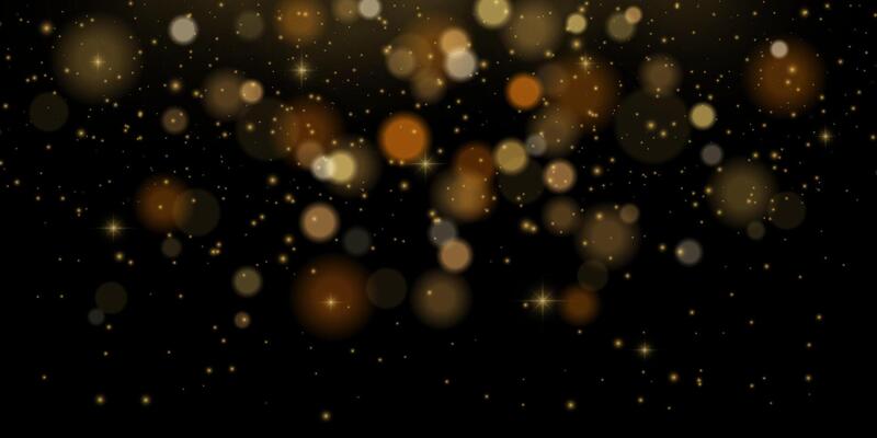 Golden glitter bokeh explosion with sparkles, flare and festive dust. Warm abstract light effect on dark background. texture for Christmas, New Year or luxury holiday decoration themes.