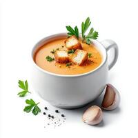 Tomato soup with garlic and parsley in a white cup isolated on white background photo