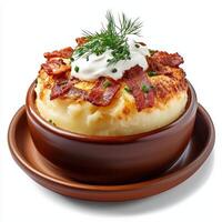 Bacon and mashed potatoes in a bowl with sour cream photo