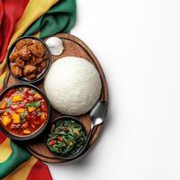 Gambia food with rice, meat, and vegetables on a wooden plate with a flag on photo