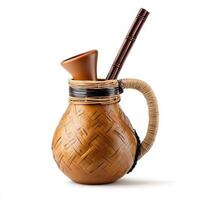 A bamboo and rattan vase with a straw handle photo