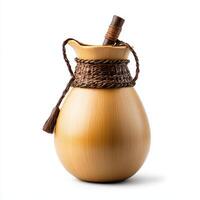 A wooden jug with a handle and a rope photo