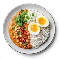 Chicken curry with rice and boiled eggs on white plate photo