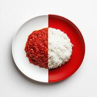 A plate with rice and tomato sauce on it photo