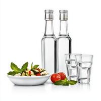 Two empty bottles with a bowl of salad and a glass photo