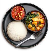 A plate with rice, beans, and a vegetable dish photo