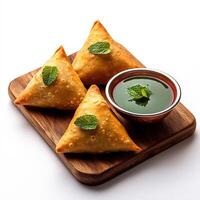 Three triangular shaped food items on a wooden tray photo