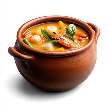 A pot filled with soup on a white background photo
