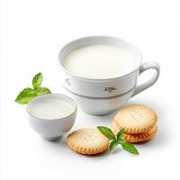 Milk and cookies on white background photo
