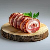 A piece of bacon wrapped in a roll on a wooden board photo