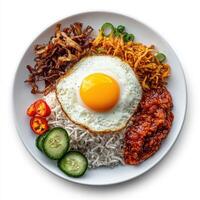 A plate with rice, fried egg, and vegetables photo