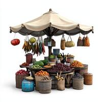 An outdoor market with a canopy and various fruits and vegetables photo