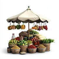 A variety of fruits and vegetables are displayed under an umbrella photo