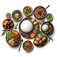 Various types of food in bowls and bowls on a white background photo