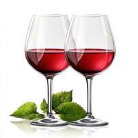 Two glasses of red wine with leaves on a white background photo