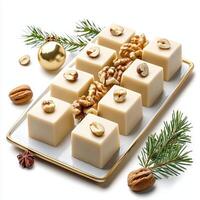 A white plate with four squares of white chocolate photo