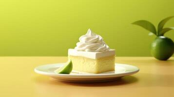 Key lime pie with whipped cream and lime wedge. photo
