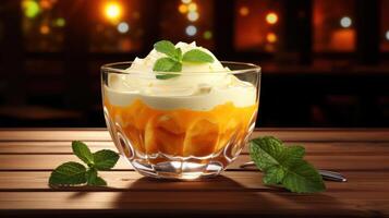 Layered dessert with cream and mint, elegant presentation. photo